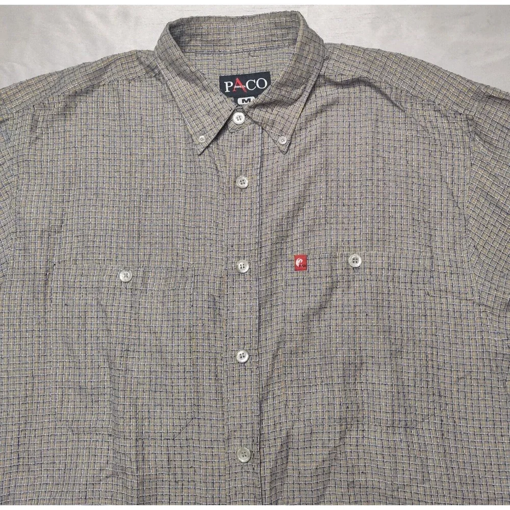 VTG PACO Jeans Co Men Medium Rayon Blend Gray Blue Check Button Shirt - Picture 2 of 13